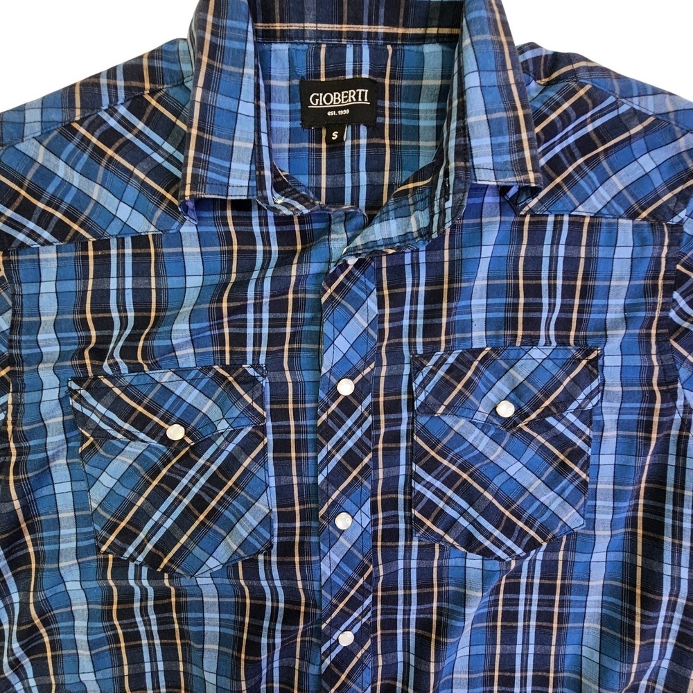 Gioberti Mens Blue Plaid Long Sleeve Pearl Snap Western Shirt Small